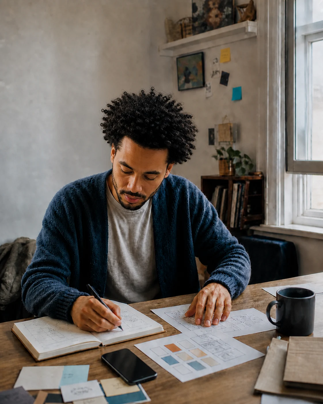 The same creative professional calmly working with paper sketches, with one phone on the desk