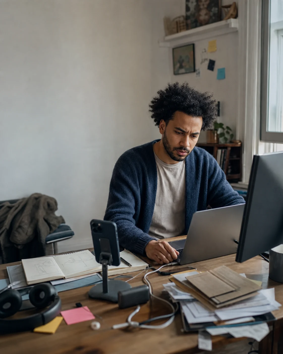 A creative professional overwhelmed by several devices and a cluttered work desk