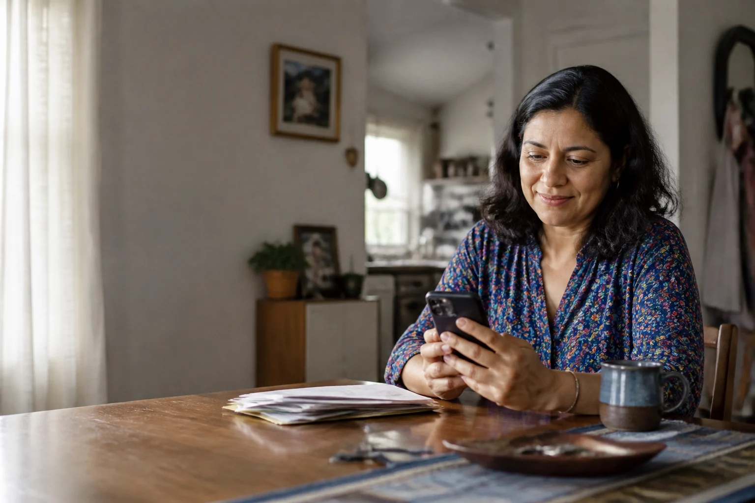 A woman at home checking helpful information on her phone at a lived-in kitchen table