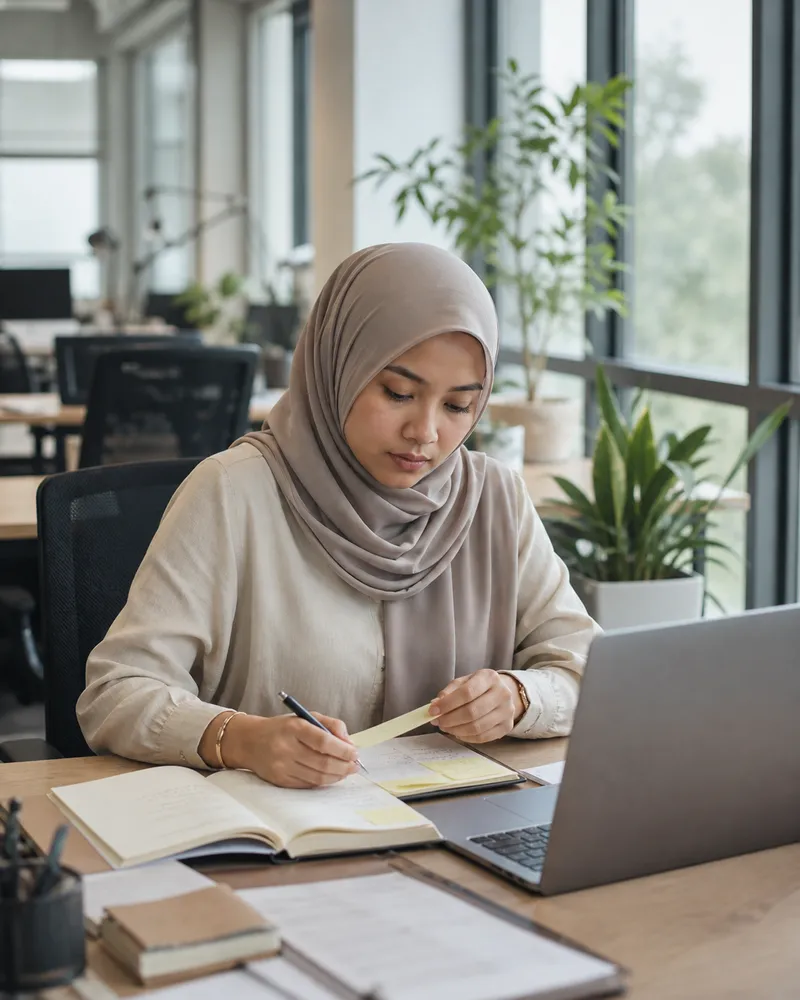 Fatima organising project notes in an office