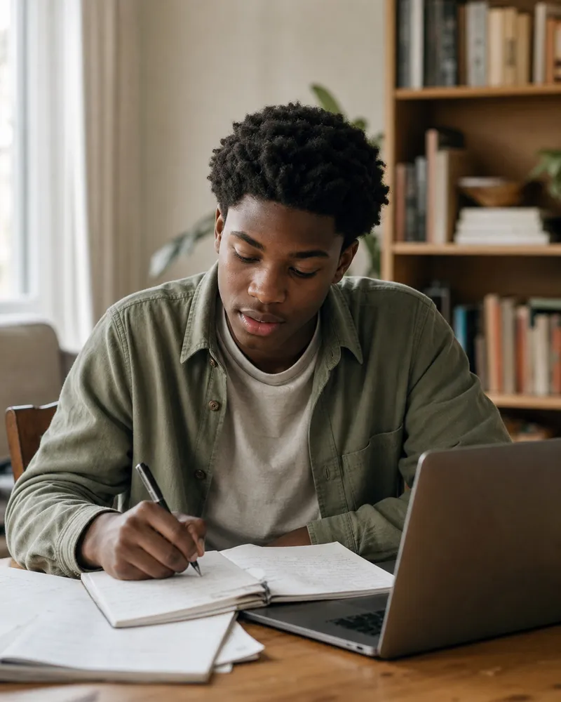 Jack studying with notes at his desk