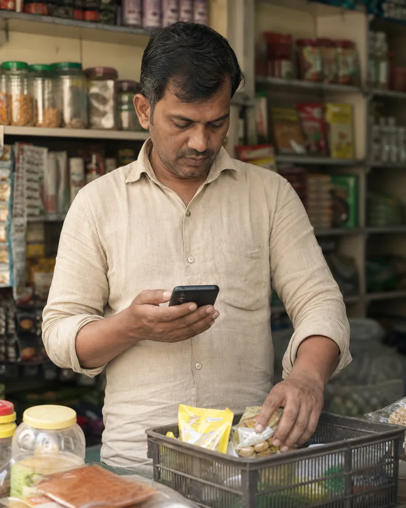Mehul checking stock in his grocery shop