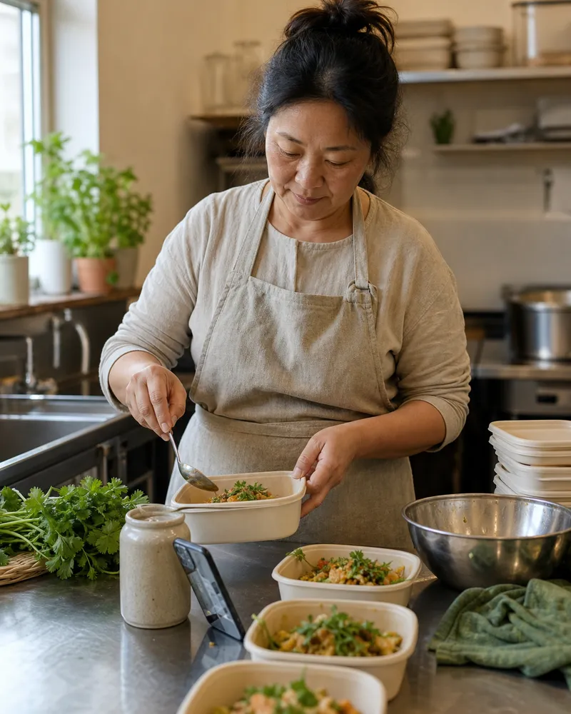 Mei preparing catered food in her kitchen